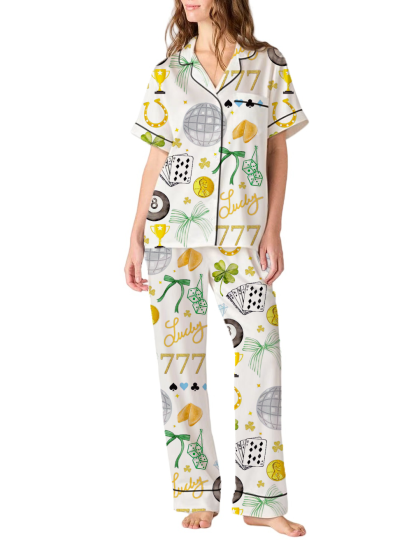 Good Luck Fortune Charm Silky Satin Pajama Pants Set For Women