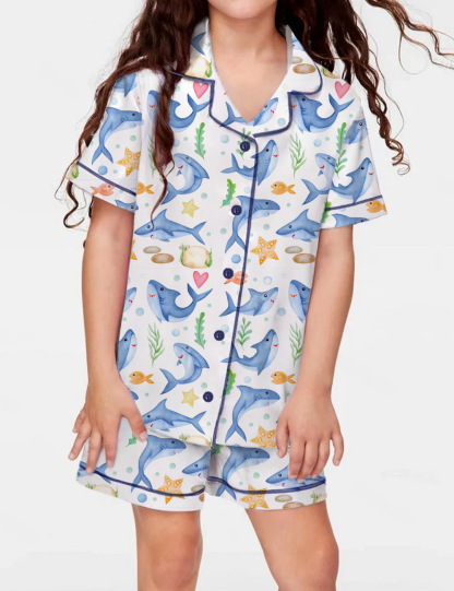 Cartoon Shark Marine Life Theme Kid's Short Sleeve  Silky Satin Pajama Set 