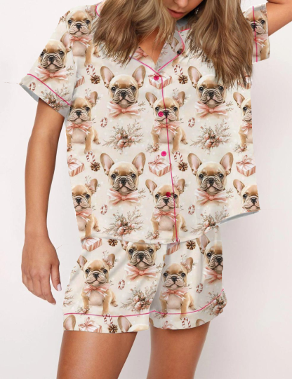 Christmas French Bulldog Silky Satin Pajama Short Set For Women