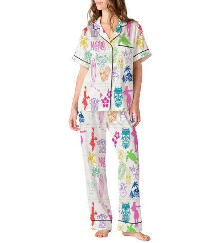 Hawaiian Vacation Silky Satin Pajama Set For Women