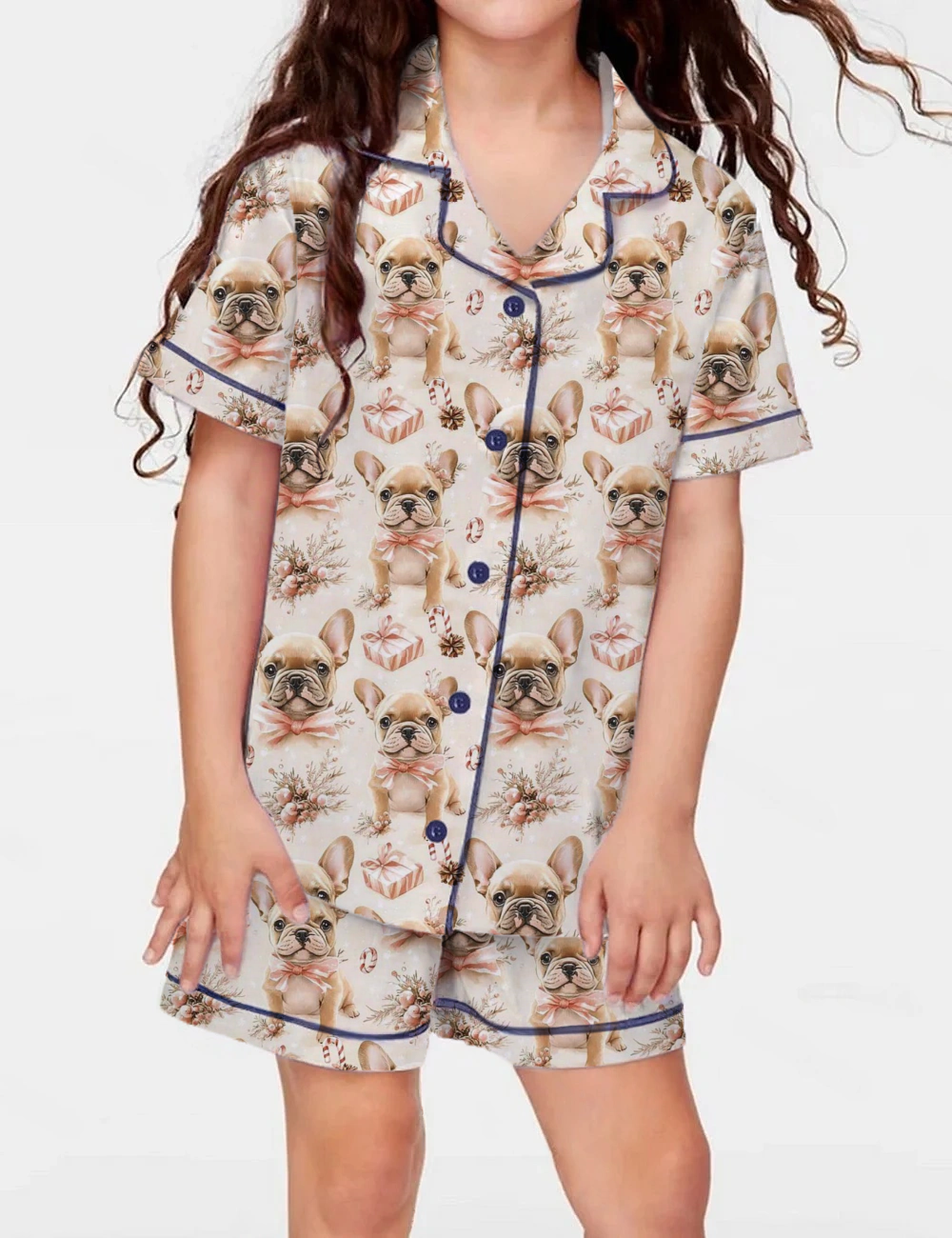 Christmas French Bulldog Kid's Short Sleeve  Silky Satin Pajama Set 