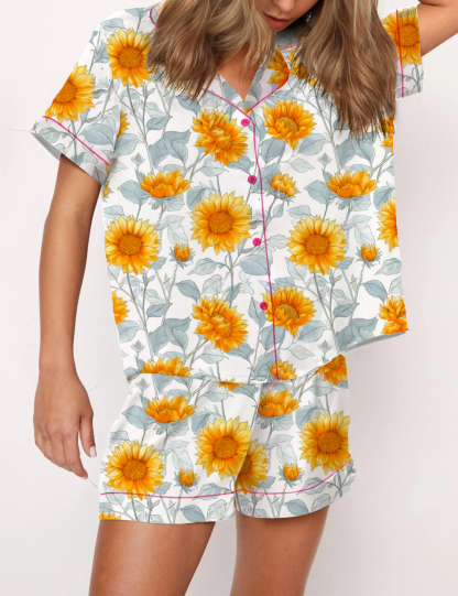 Sunflower Silky Satin Pajama Short Set For Women