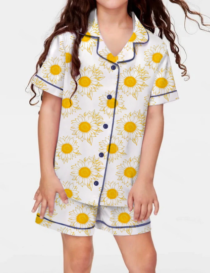 Sunflower Kid's Short Sleeve  Silky Satin Pajama Set 