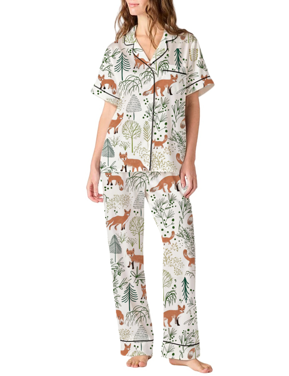 Fox Family In Forest Silky Satin Pajama Pants Set For Women