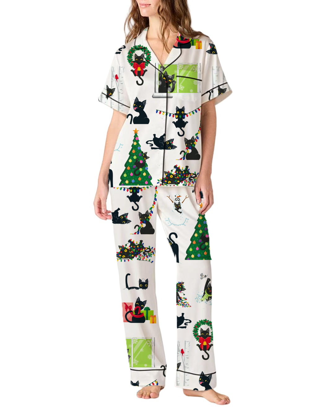 Funny Black Cat Christmas Silky Satin Pajama Pants Set For Women