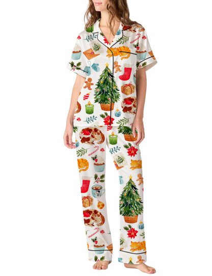 Merry Christmas Silky Satin Pajama Pants Set For Women