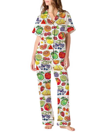 Fruits Silky Satin Pajama Pants Set For Women