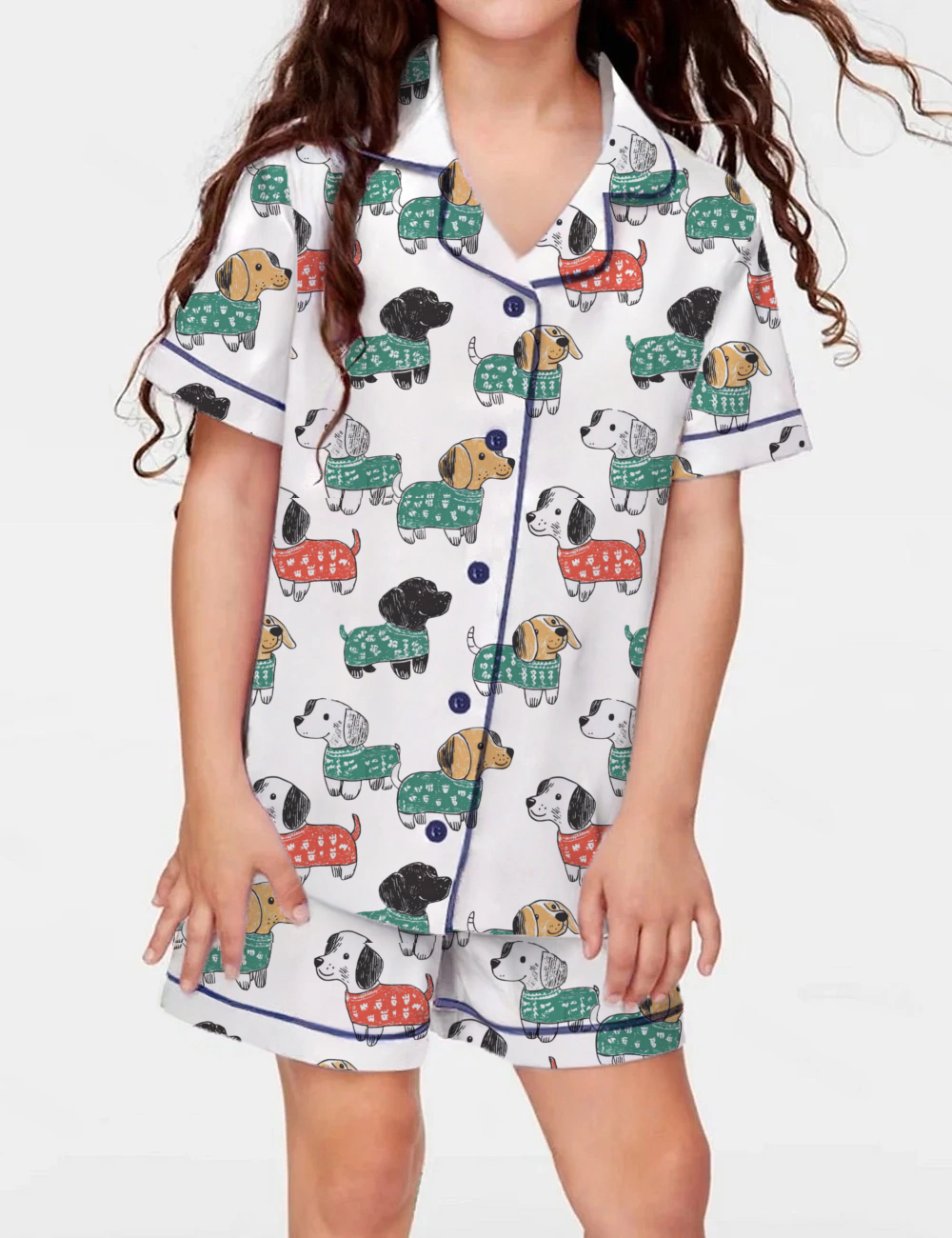 Cute Chrismas Dogs Kid's Short Sleeve  Silky Satin Pajama Set 