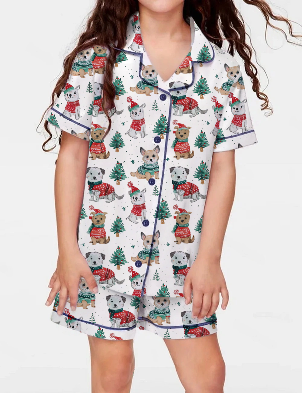 Cute Dogs In Santa Hats Kid's Short Sleeve  Silky Satin Pajama Set 