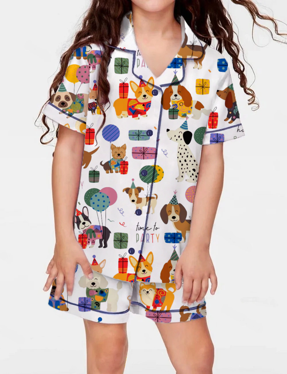 Birthday Dog Party Kid's Short Sleeve  Silky Satin Pajama Set 