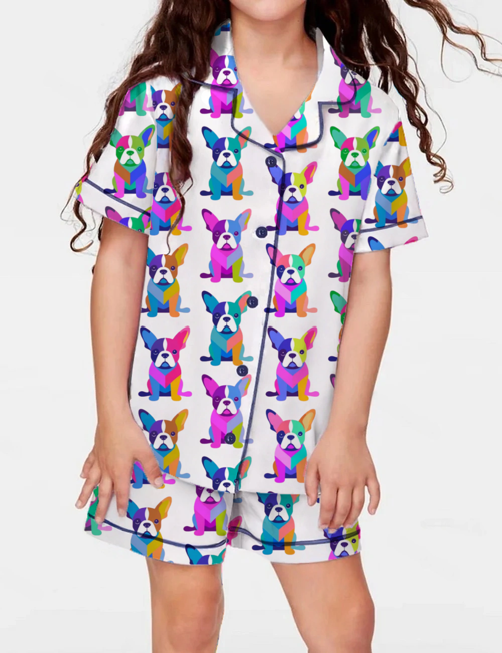 Colorfull French Bulldogs Kid's Short Sleeve  Silky Satin Pajama Set 