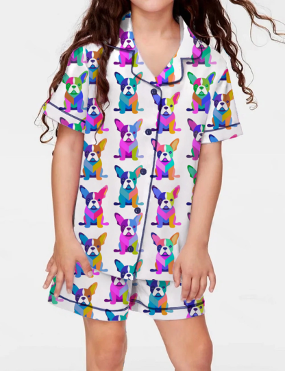 Colorfull French Bulldogs Kid's Short Sleeve  Silky Satin Pajama Set 