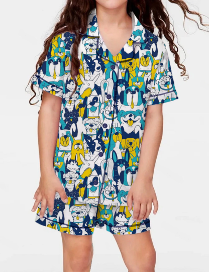 Cartoon Dog Kid's Short Sleeve  Silky Satin Pajama Set 