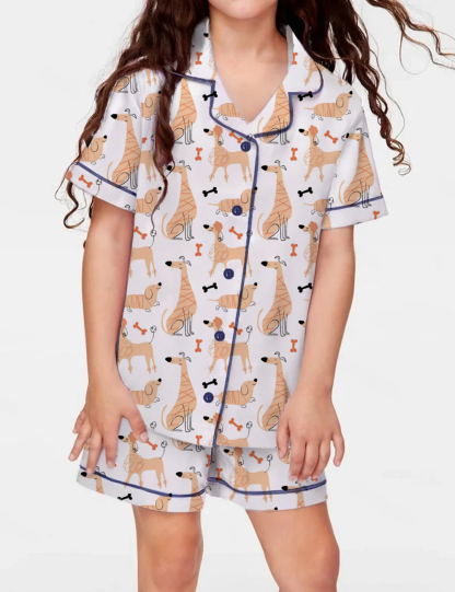 Cartoon Dog Kid's Short Sleeve  Silky Satin Pajama Set 