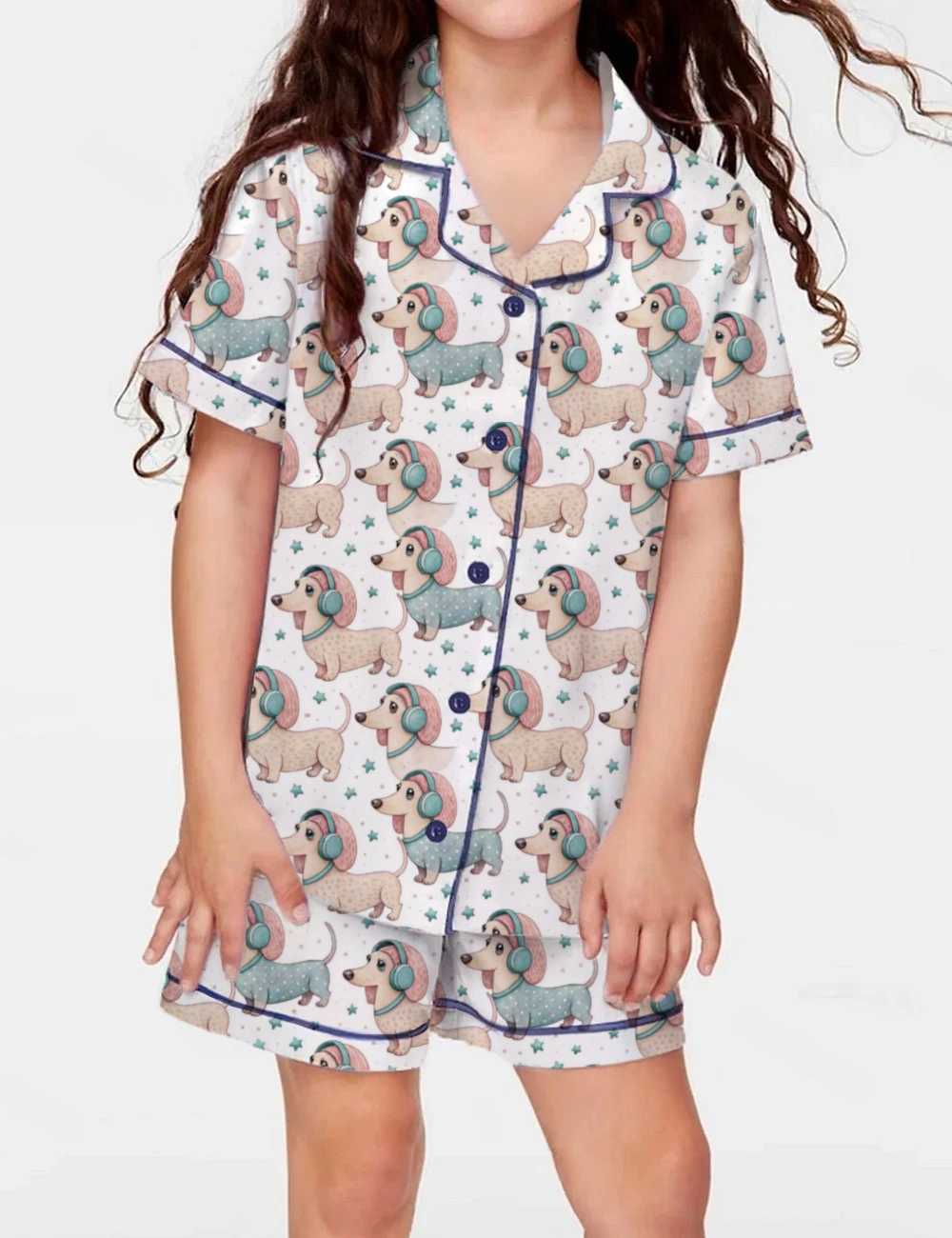 Cheerful Dog Wearing Headphones Kid's Short Sleeve  Silky Satin Pajama Set 