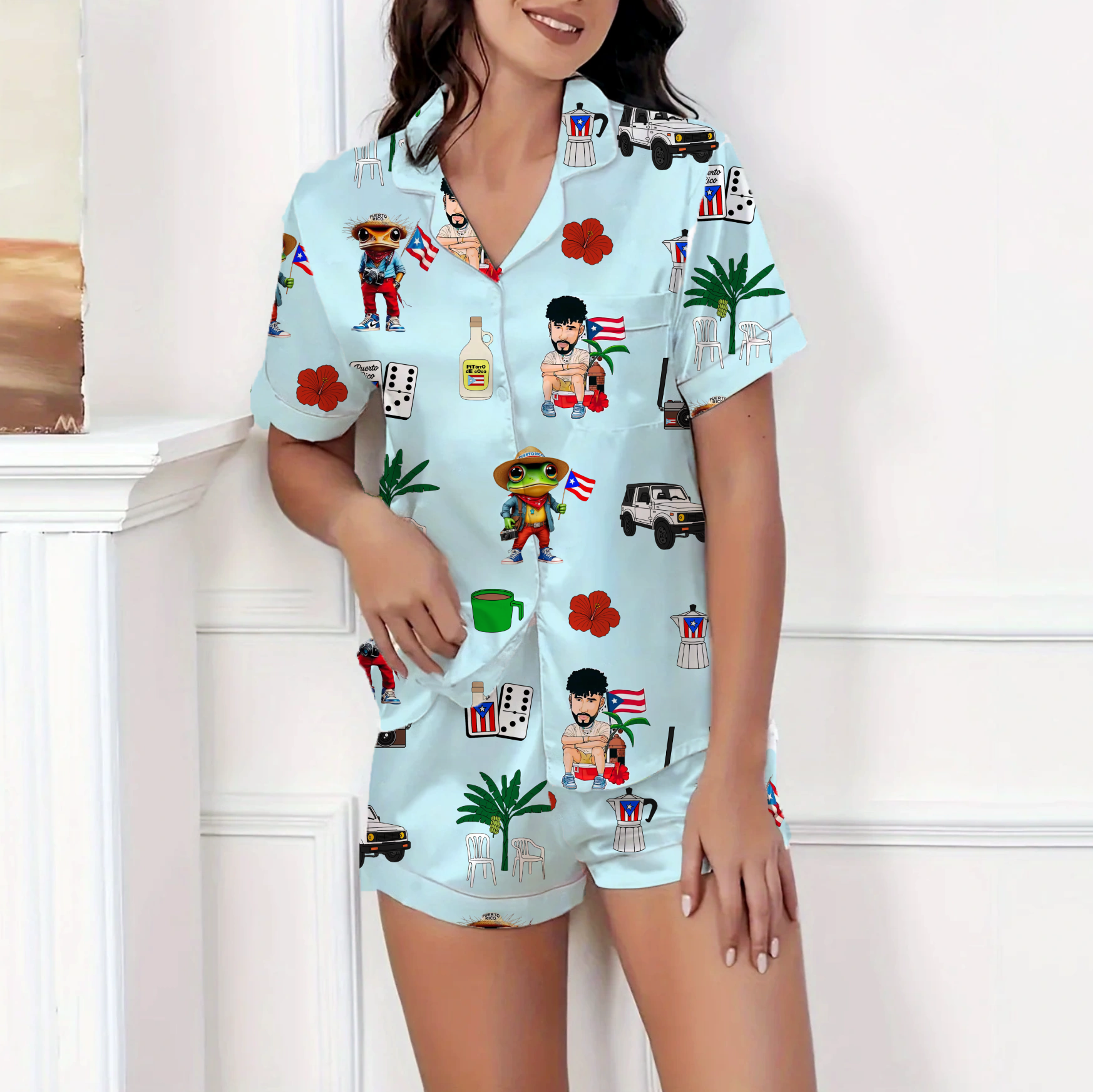 Puerto Rico Themed Silky Satin Pajama Short Set For Women