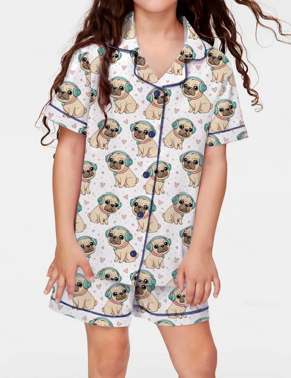 Cheerful Dog Wearing Headphones Kid's Short Sleeve  Silky Satin Pajama Set 