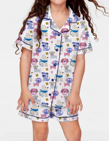 Cute Dog Party Kid's Short Sleeve  Silky Satin Pajama Set 
