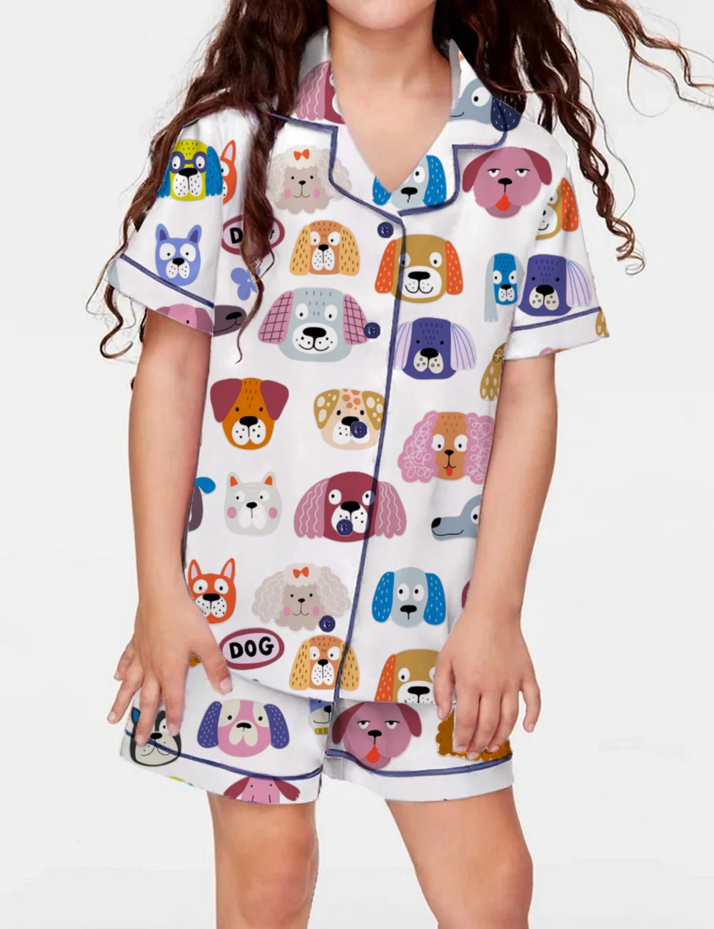 Cute Puppy Faces Kid's Short Sleeve  Silky Satin Pajama Set 