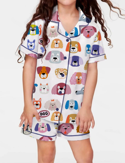 Cute Puppy Faces Kid's Short Sleeve  Silky Satin Pajama Set 