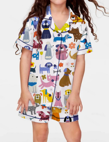 Dog Party Kid's Short Sleeve  Silky Satin Pajama Set 