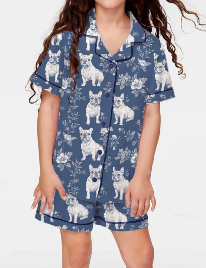 French Bulldogs Toile Kid's Short Sleeve  Silky Satin Pajama Set 