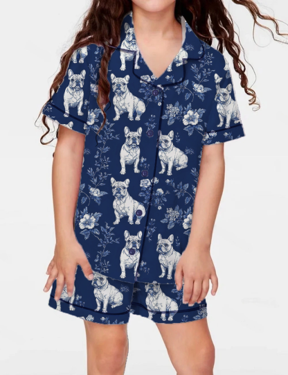 French Bulldogs Toile Kid's Short Sleeve  Silky Satin Pajama Set 
