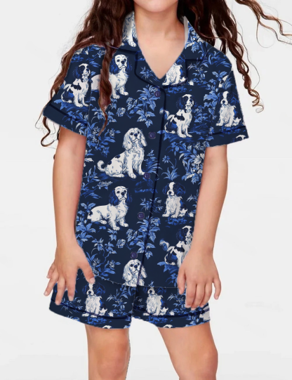 Cavalier King Charles Toile Kid's Short Sleeve  Silky Satin Pajama Set 