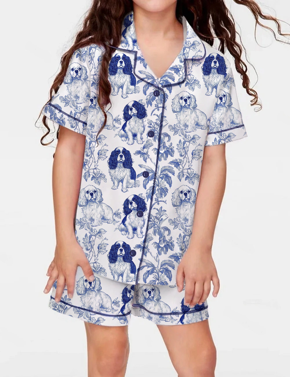 Cavalier King Charles Toile Kid's Short Sleeve  Silky Satin Pajama Set 