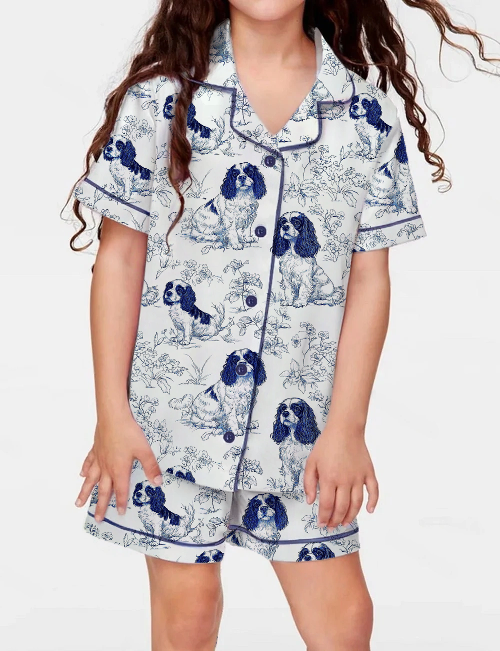 Cavalier King Charles Toile Kid's Short Sleeve  Silky Satin Pajama Set 