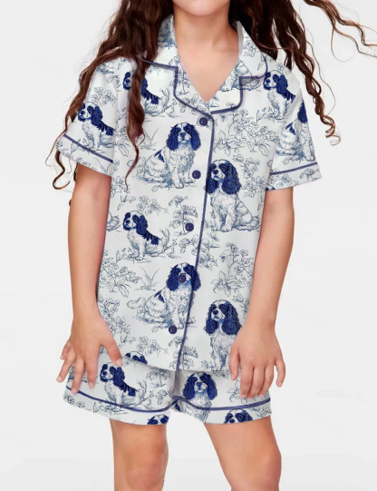 Cavalier King Charles Toile Kid's Short Sleeve  Silky Satin Pajama Set 