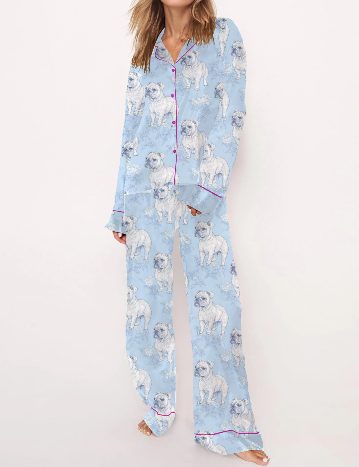 French Bulldog Toile Silky Satin Pajama Short Set For Women