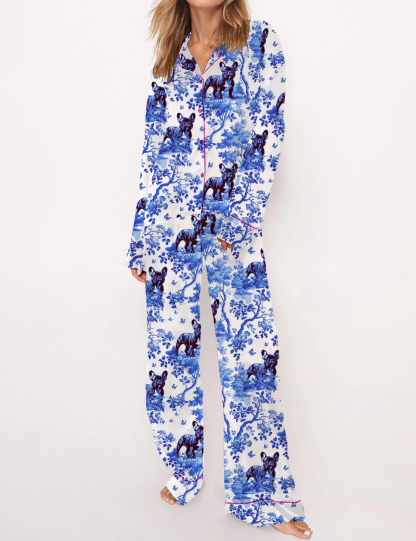 French Bulldog Toile Silky Satin Pajama Short Set For Women