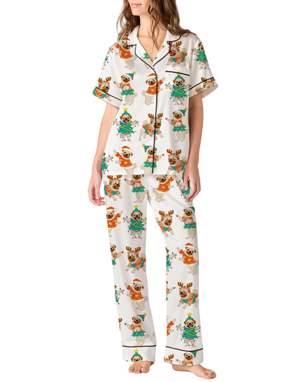 Christmas Pug Dog Silky Satin Pajama Pants Set For Women