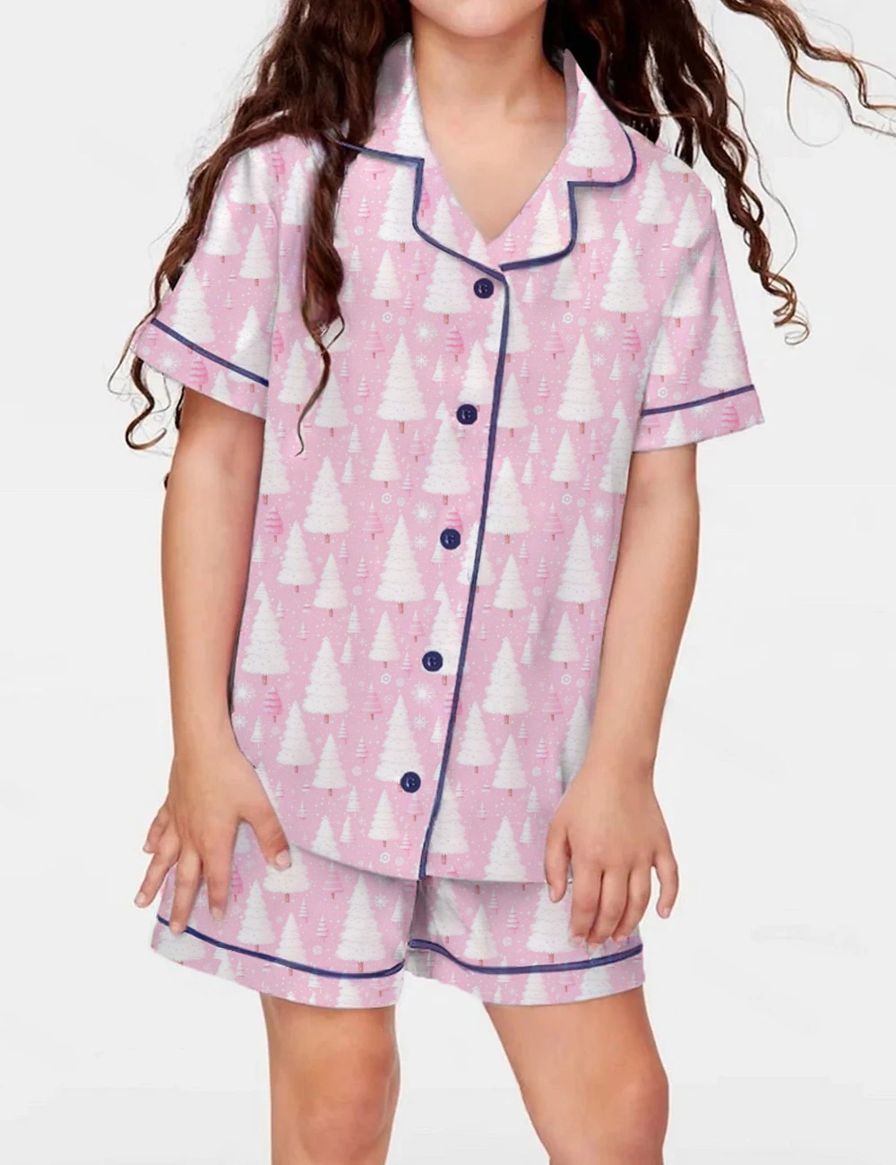 Pink Christmas Kid's Short Sleeve  Silky Satin Pajama Set 