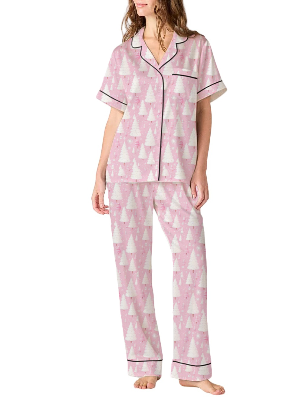 Pink Christmas Silky Satin Pajama Pants Set For Women