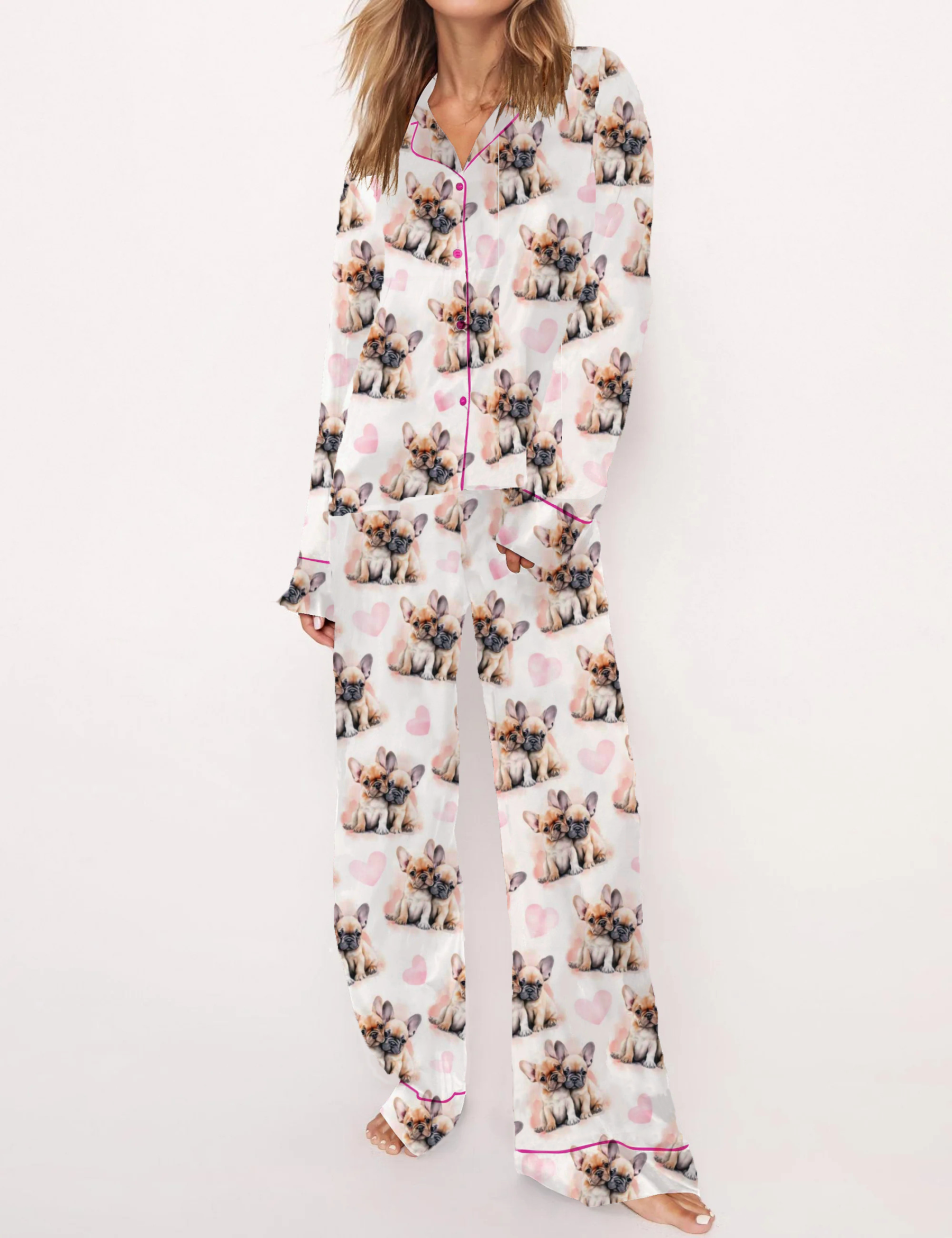 Cute French Bulldog Puppies Valentine's Day Silky Satin Pajama Short Set For Women
