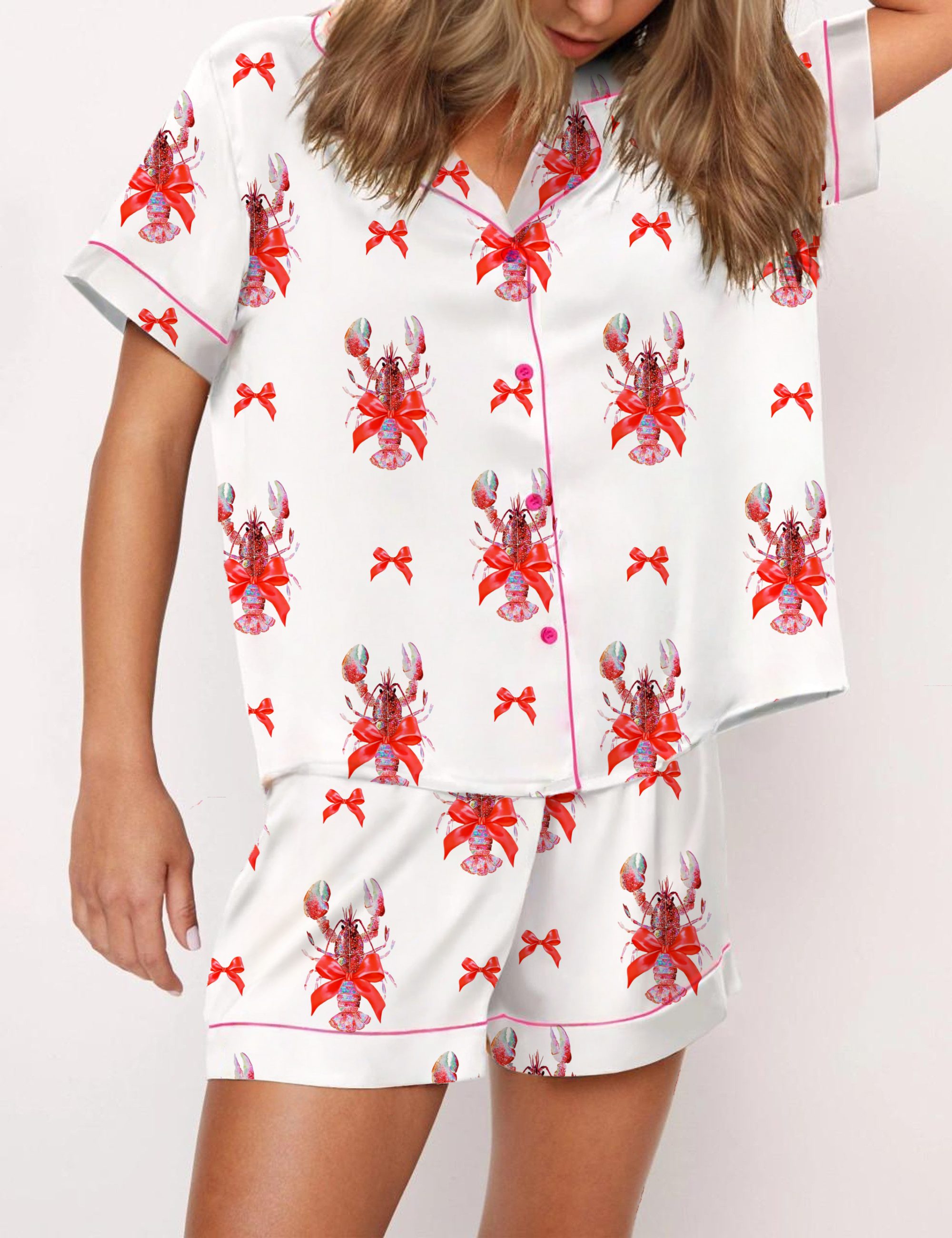 Coquette Lobster  Silky Satin Pajama Short Set For Women