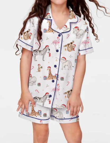 Christmas Animal Theme Kid's Short Sleeve Silky Satin Pajama Set 