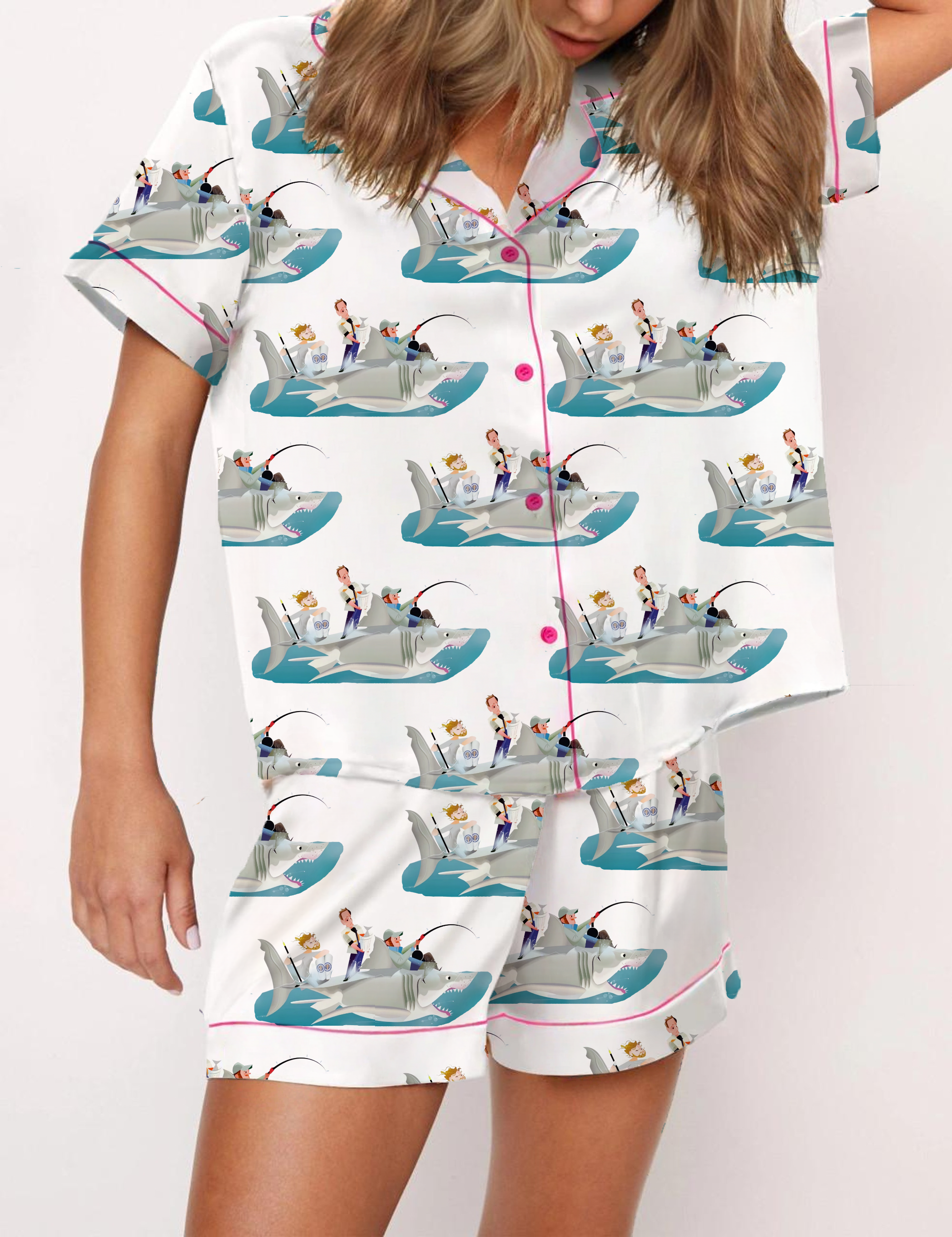 Shark Silky Satin Pajama Short Set For Women