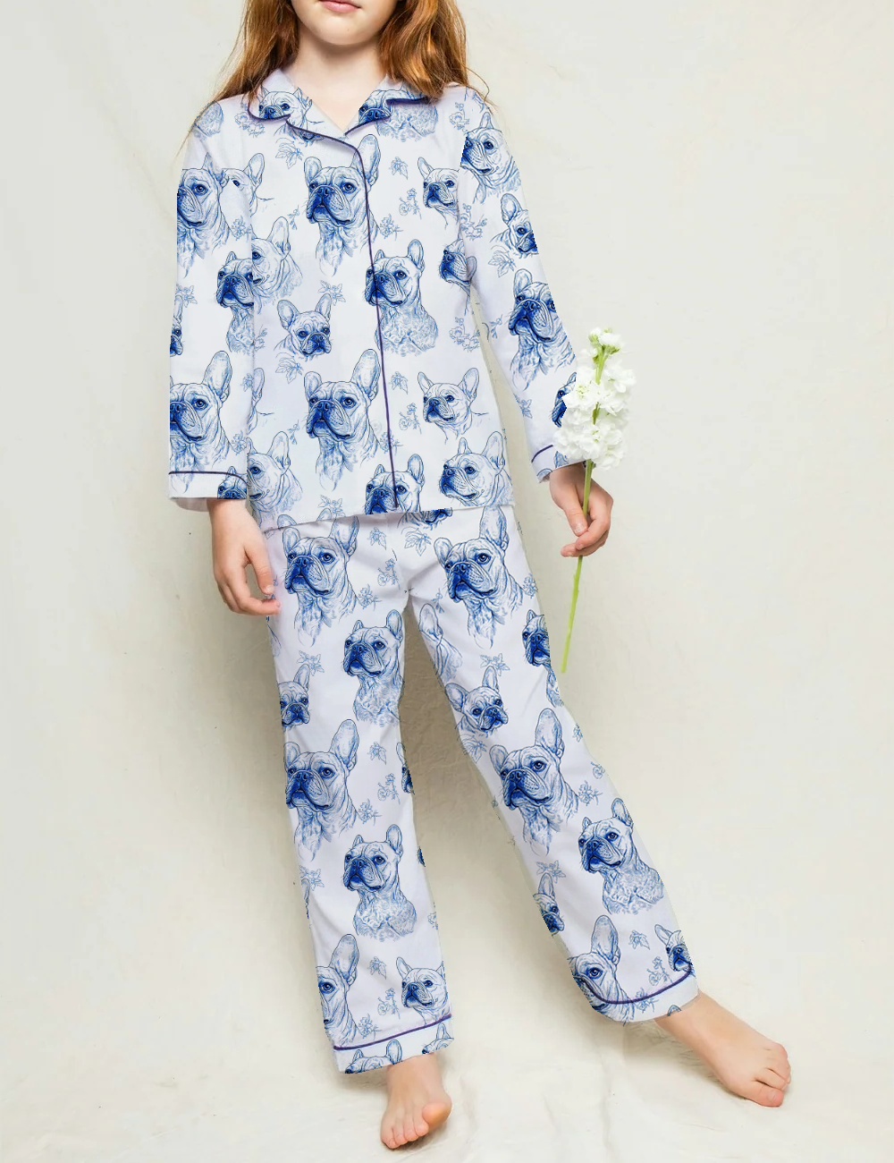 French Bulldogs Toile Kid's Silky Satin Pajama Set 