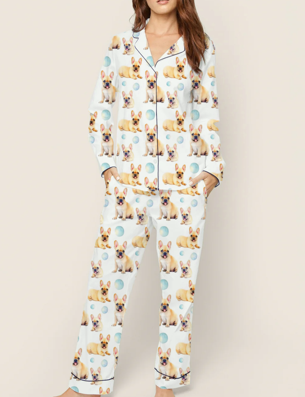 Cute Cream Color French Bulldog Puppy Silky Satin Pajama Set For Women
