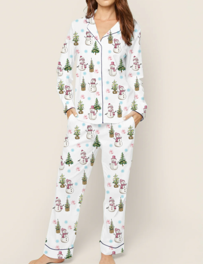 Christmas Snowman Silky Satin Pajama Set For Women