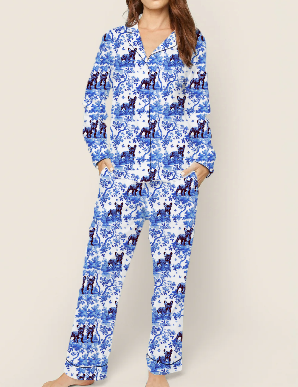 French Bulldog Toile Silky Satin Pajama Set For Women