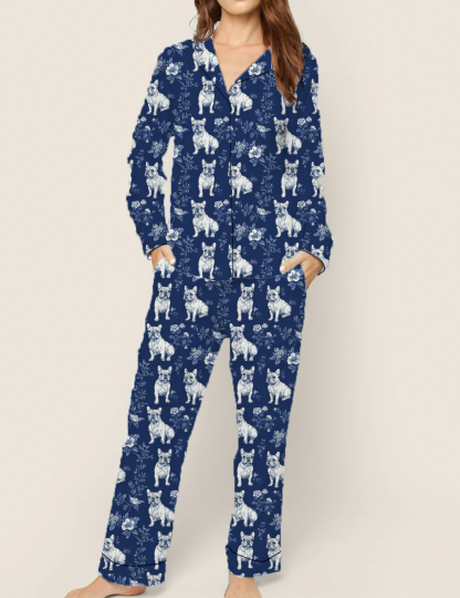 French Bulldogs Toile Silky Satin Pajama Set For Women