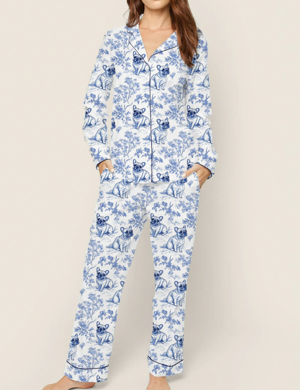 French Bulldogs Toile Silky Satin Pajama Set For Women