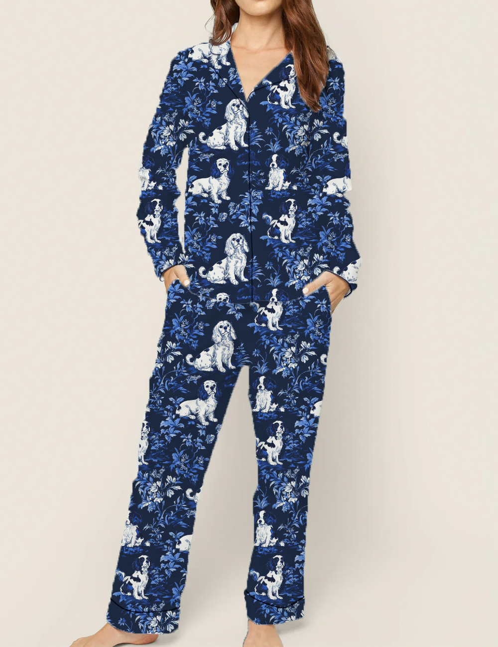 Cavalier King Charles Spaniel Toile Silky Satin Pajama Set For Women