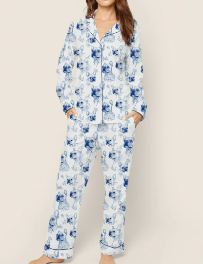 French Bulldogs Toile Silky Satin Pajama Set For Women