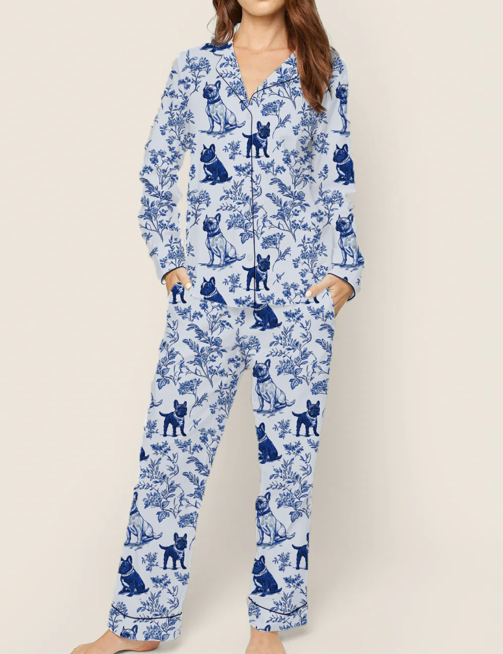 French Bulldogs Toile Silky Satin Pajama Set For Women