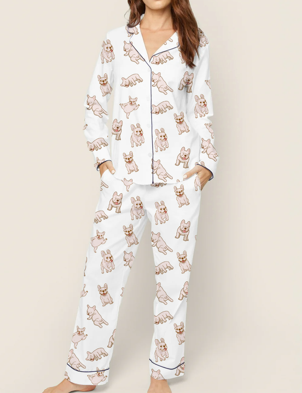 Pink French Bulldogs Silky Satin Pajama Set For Women